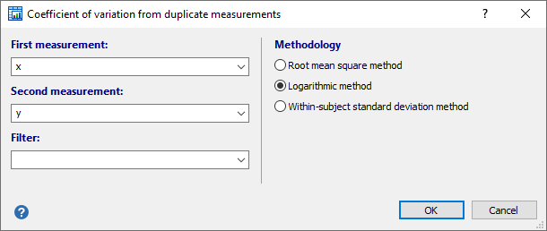 Coefficient of variation from duplicate measurements - dialog box