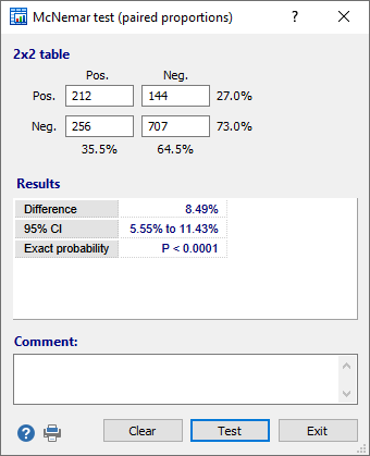 McNemar test dialog box