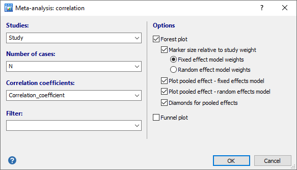 Meta-analysis: correlation - dialog box