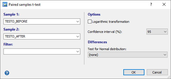 Dialog box for paired t-test