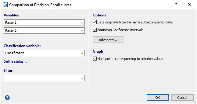 Dialog box for comparison of precision-recall curves